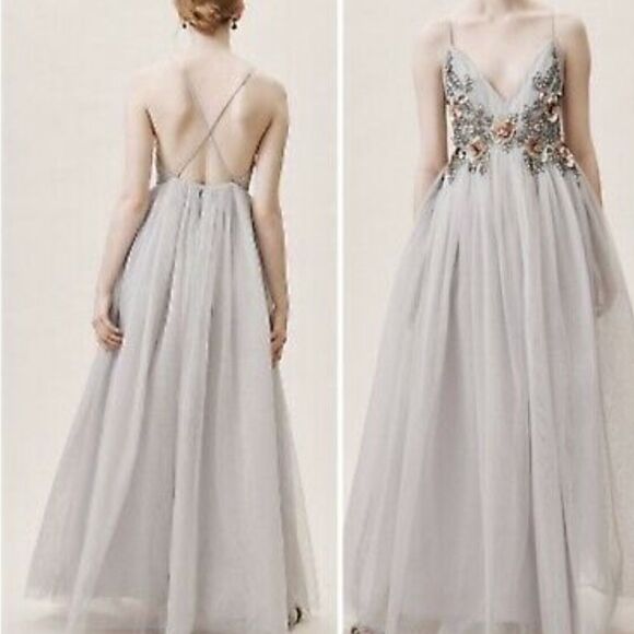 BHLDN Gray Maxi Dress with Floral Embellishments - Picture 2 of 5